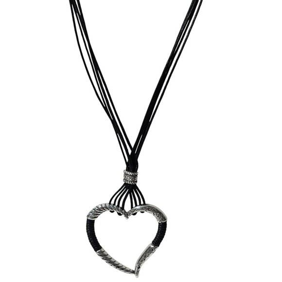 Heart-Shaped Silver Tone Pendant Necklace Black Multi Strand Cord Jewelry Women - Picture 1 of 7